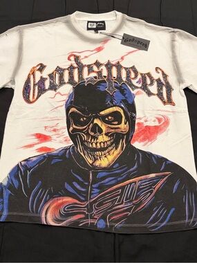 Godspeed Men’s Graphic Skull Tee - White with Blue & Yellow Accents